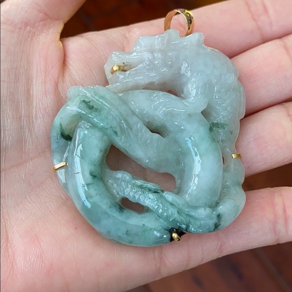 14K Real Gold Carved Dragon Natural Jade Pendant L - Picture 2 of 16